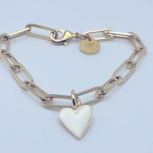 10k Gold Plated Link Bracelet w/White Enamel Heart Charm - NWT - Picture 2 of 3